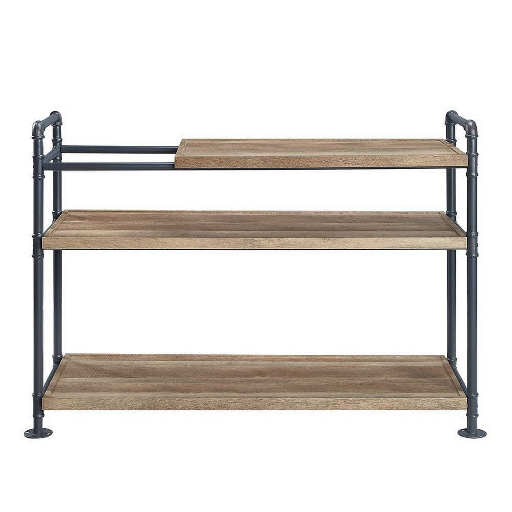 Benjara Ley 48 Inch 3 Tier Industrial Style Bookshelf, Metal, Brown, Black