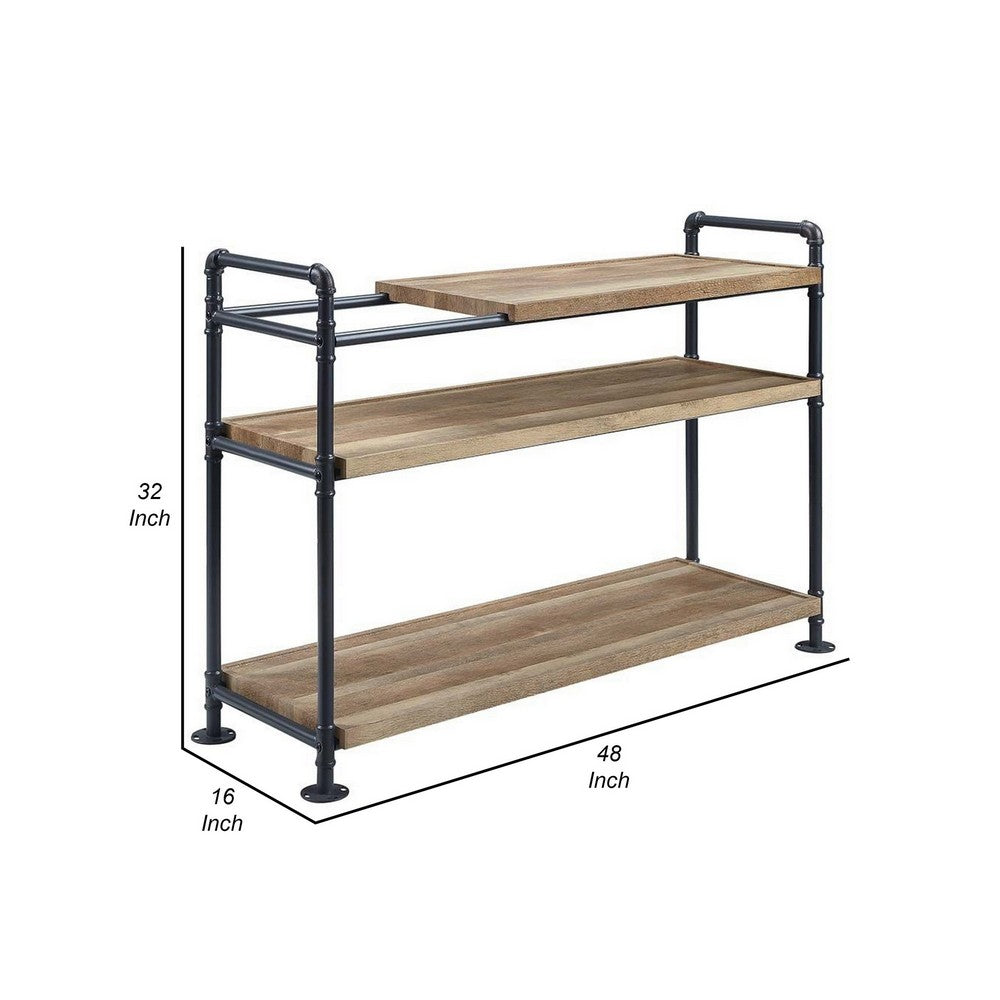 Benjara Ley 48 Inch 3 Tier Industrial Style Bookshelf, Metal, Brown, Black