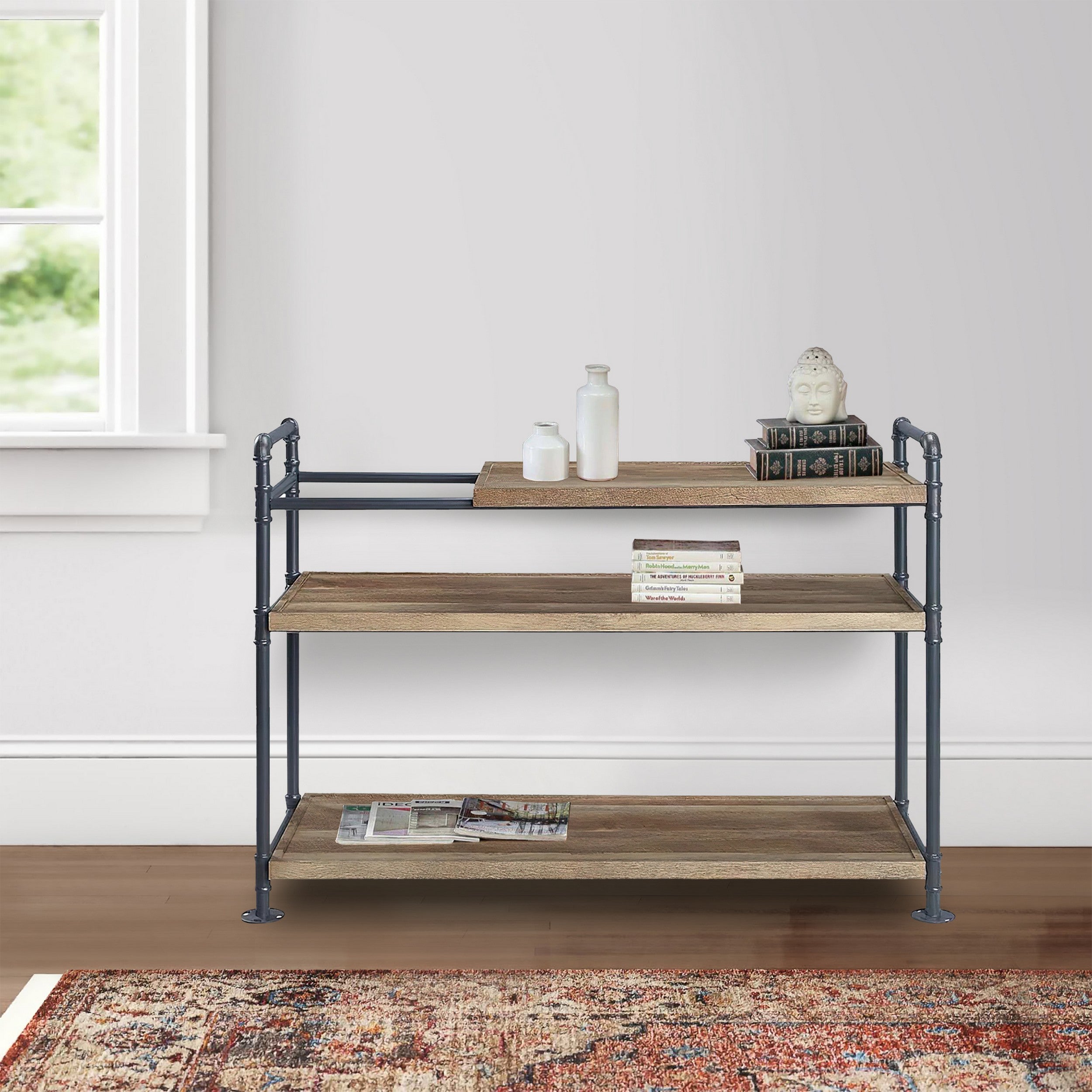 Benjara Ley 48 Inch 3 Tier Industrial Style Bookshelf, Metal, Brown, Black