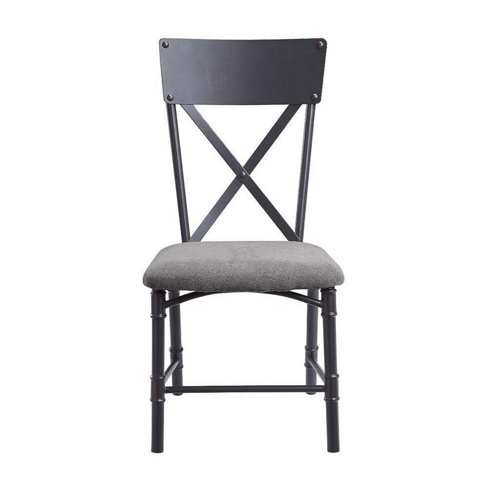 Benjara 21 Inch Metal Dining Side Chair, Fabric Seat, X Back, Set of 2, Gray