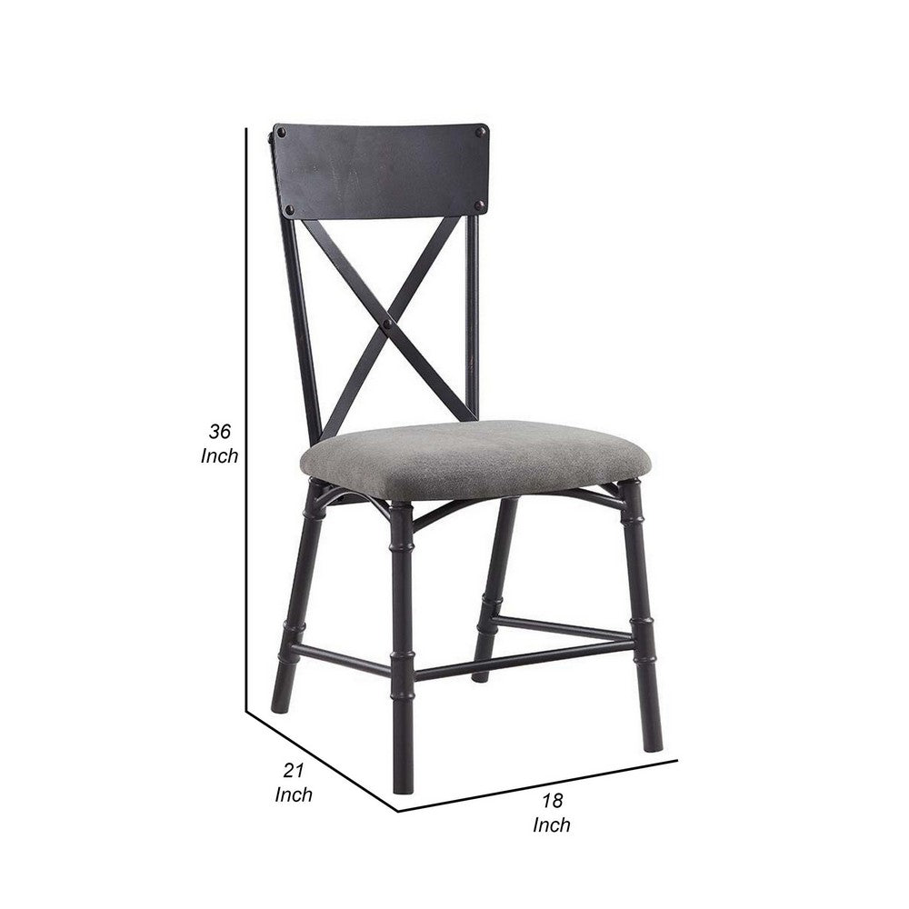 Benjara 21 Inch Metal Dining Side Chair, Fabric Seat, X Back, Set of 2, Gray