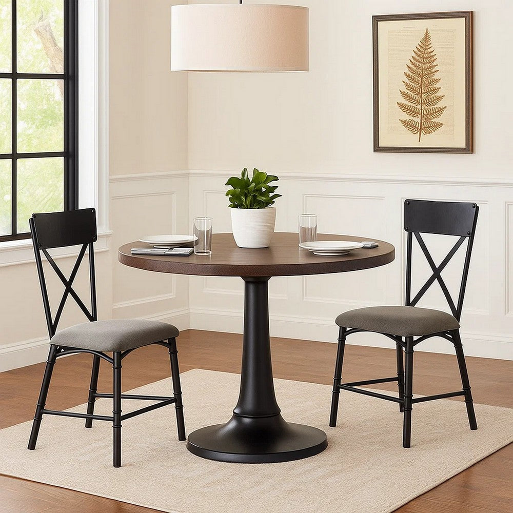 Benjara 21 Inch Metal Dining Side Chair, Fabric Seat, X Back, Set of 2, Gray