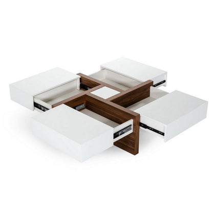 Benjara Cid 39 Inch Modern Wood Coffee Table, Puzzle Top Storage, White, Walnut