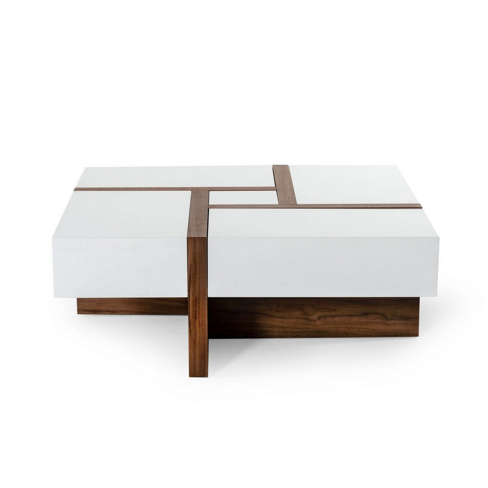 Benjara Cid 39 Inch Modern Wood Coffee Table, Puzzle Top Storage, White, Walnut