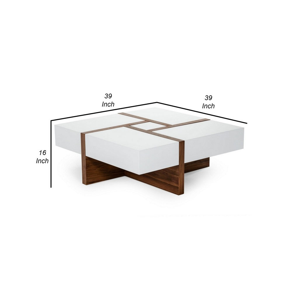 Benjara Cid 39 Inch Modern Wood Coffee Table, Puzzle Top Storage, White, Walnut