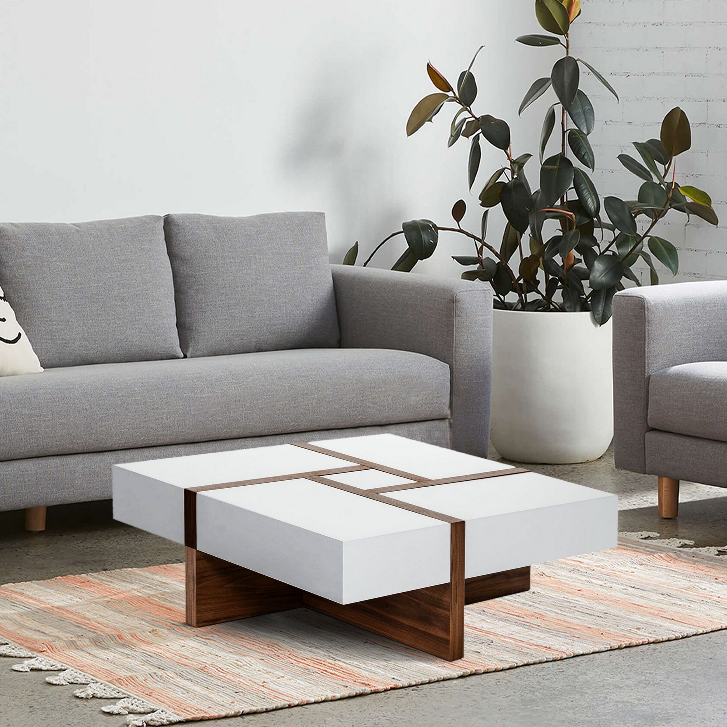 Benjara Cid 39 Inch Modern Wood Coffee Table, Puzzle Top Storage, White, Walnut