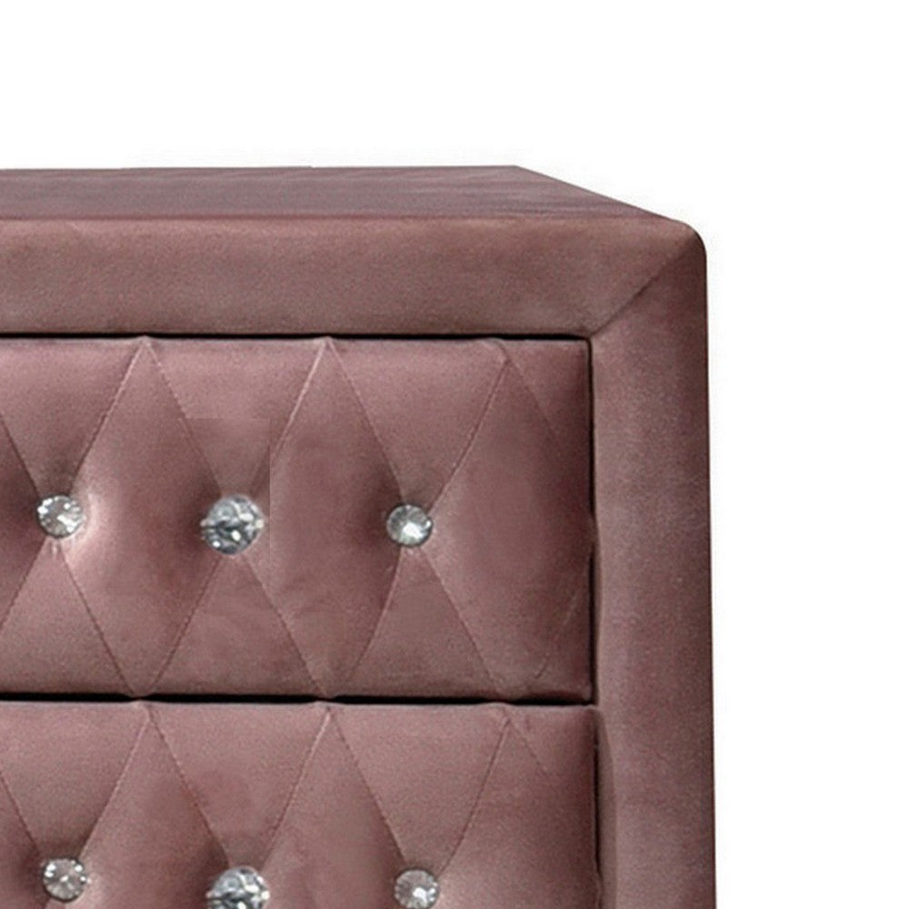 Benjara Rex 17 Inch Modern Upholstered Nightstand, 2 Drawer, Crystal Handles, Pink