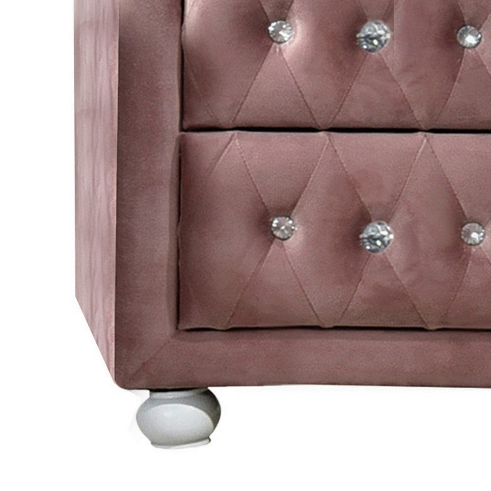 Benjara Rex 17 Inch Modern Upholstered Nightstand, 2 Drawer, Crystal Handles, Pink