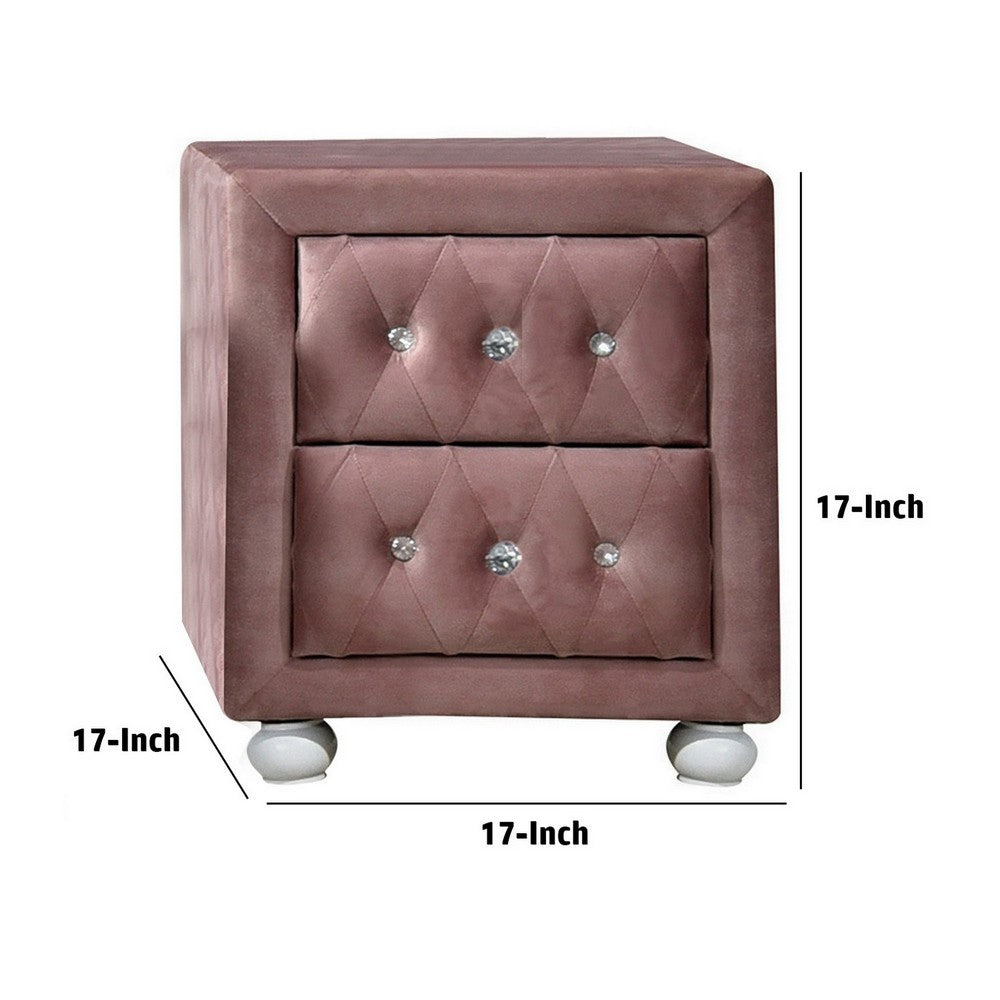 Benjara Rex 17 Inch Modern Upholstered Nightstand, 2 Drawer, Crystal Handles, Pink