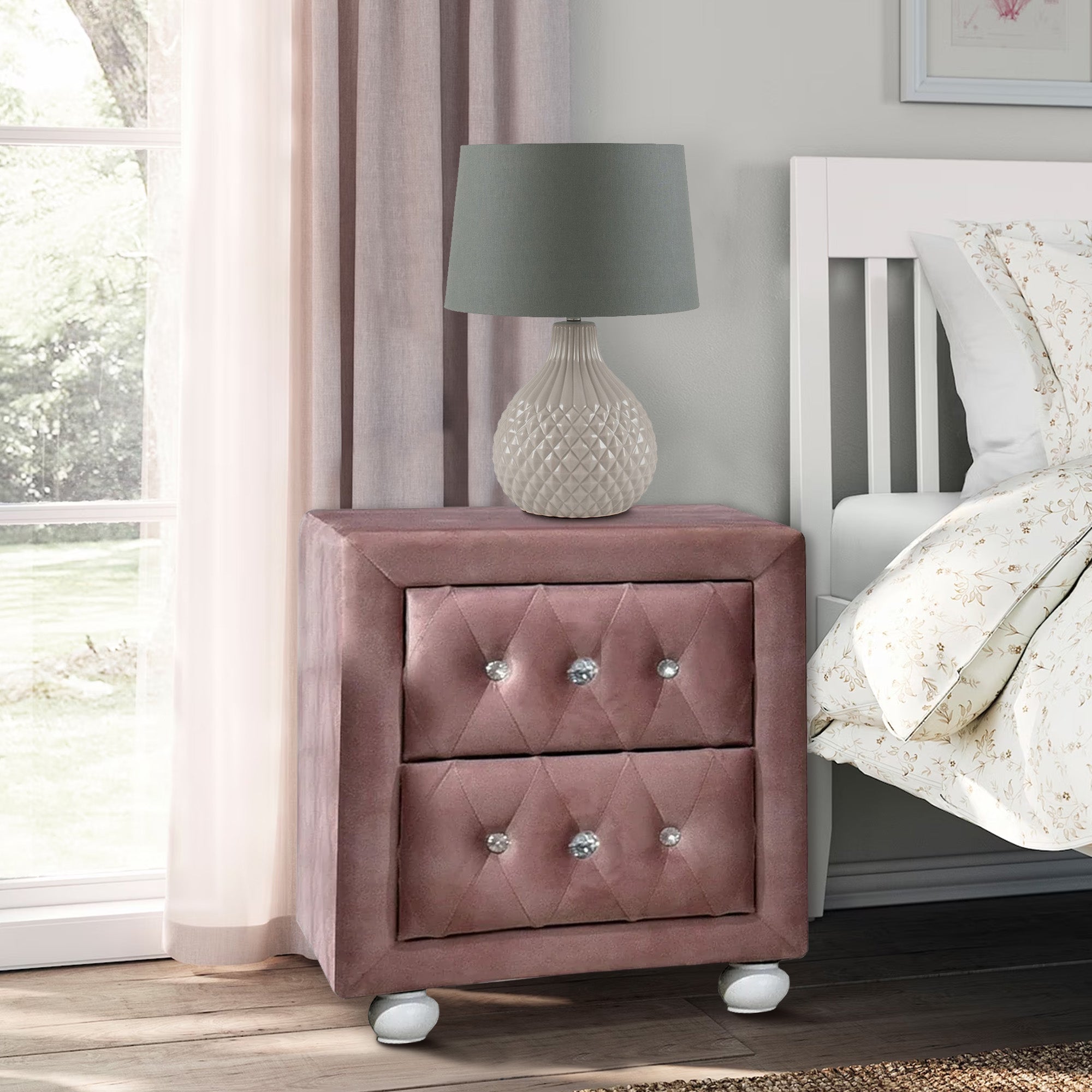 Benjara Rex 17 Inch Modern Upholstered Nightstand, 2 Drawer, Crystal Handles, Pink