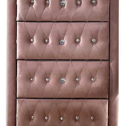 Benjara Rex 38 Inch Tall Upholstered Dresser Chest, 4 Drawer, Crystal Handles, Pink