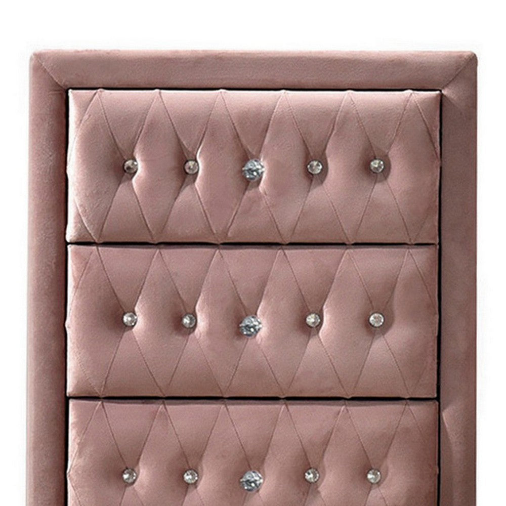 Benjara Rex 38 Inch Tall Upholstered Dresser Chest, 4 Drawer, Crystal Handles, Pink