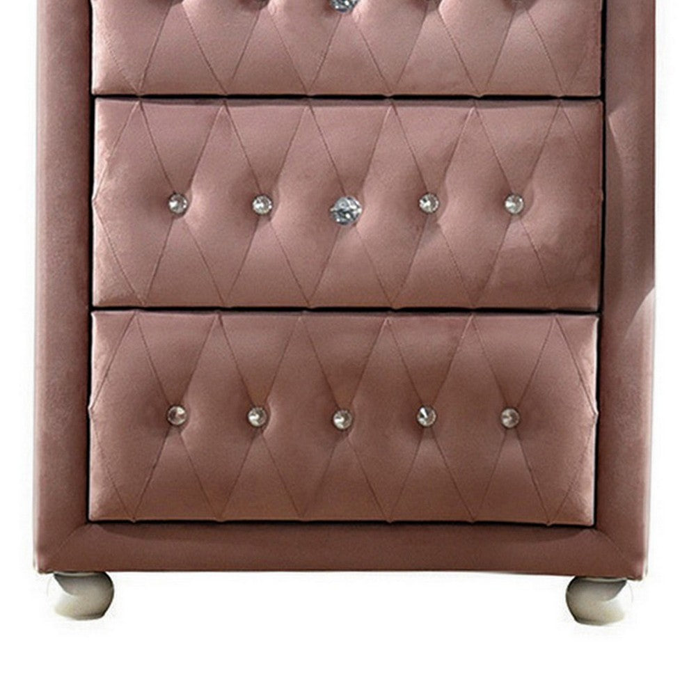 Benjara Rex 38 Inch Tall Upholstered Dresser Chest, 4 Drawer, Crystal Handles, Pink