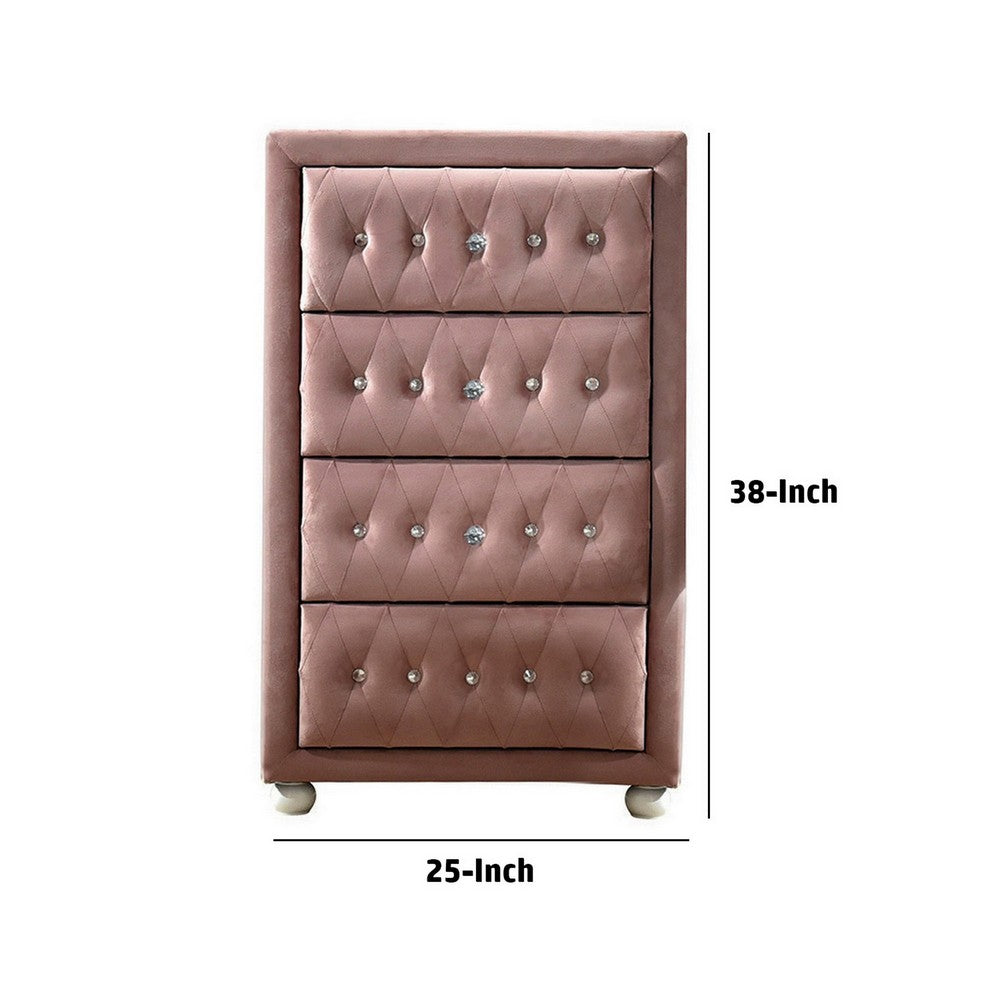 Benjara Rex 38 Inch Tall Upholstered Dresser Chest, 4 Drawer, Crystal Handles, Pink