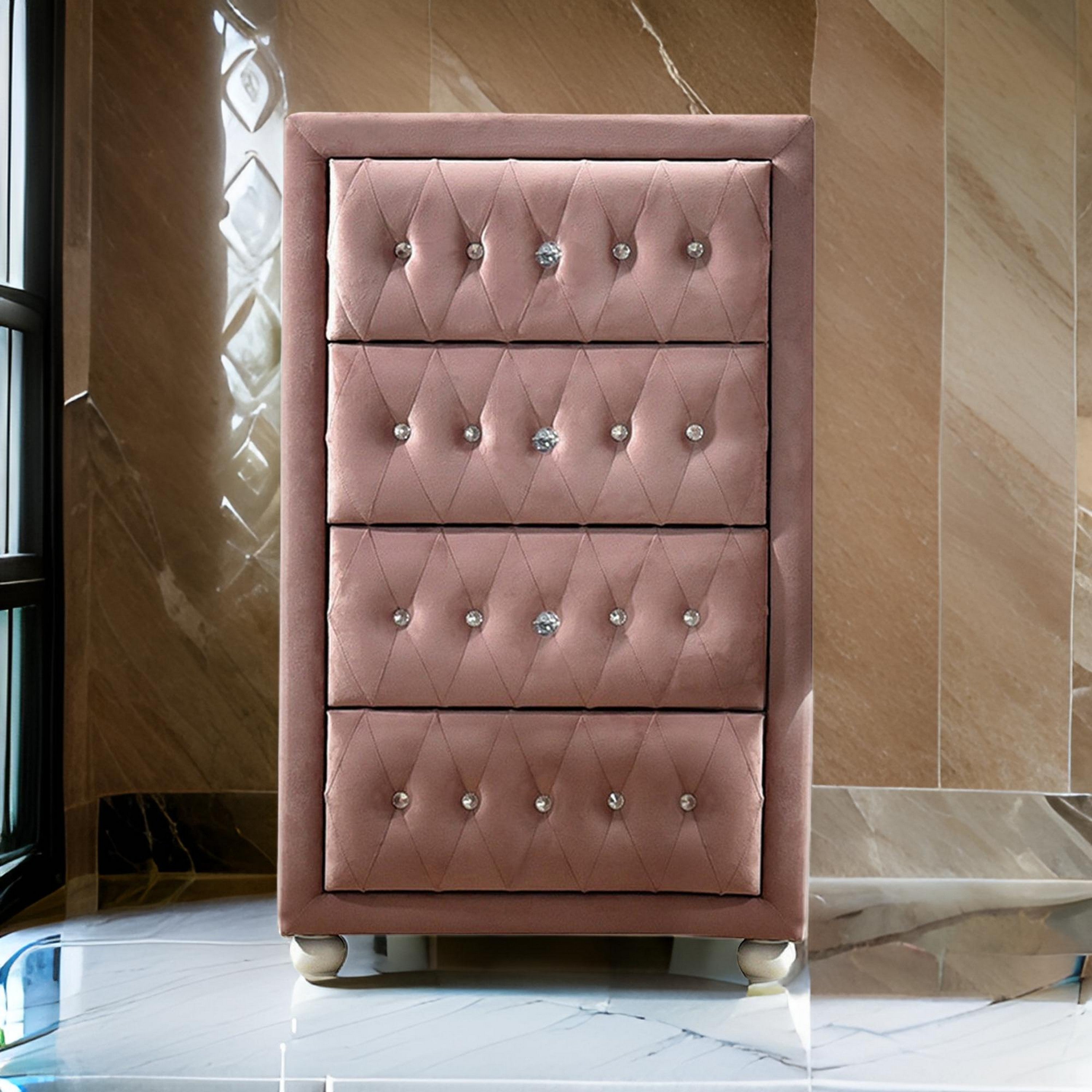Benjara Rex 38 Inch Tall Upholstered Dresser Chest, 4 Drawer, Crystal Handles, Pink