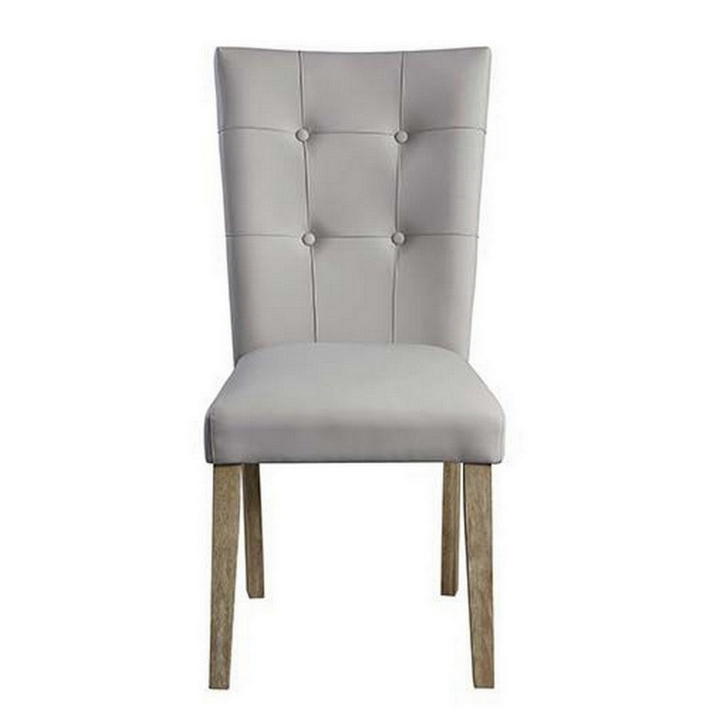 Benjara Lui 26 Inch Modern Side Chair, Button Tufted Back, Set of 2, White, Oak