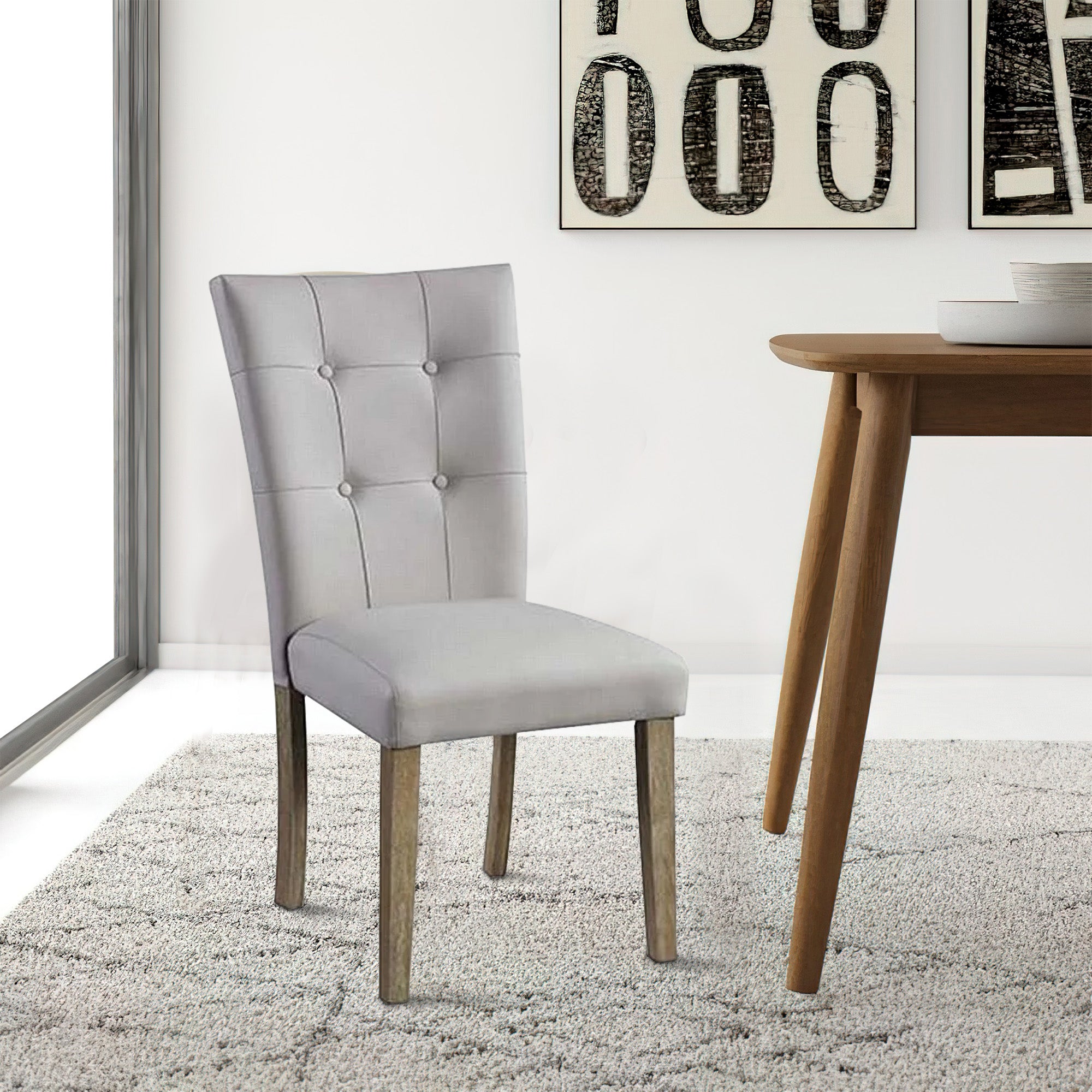 Benjara Lui 26 Inch Modern Side Chair, Button Tufted Back, Set of 2, White, Oak