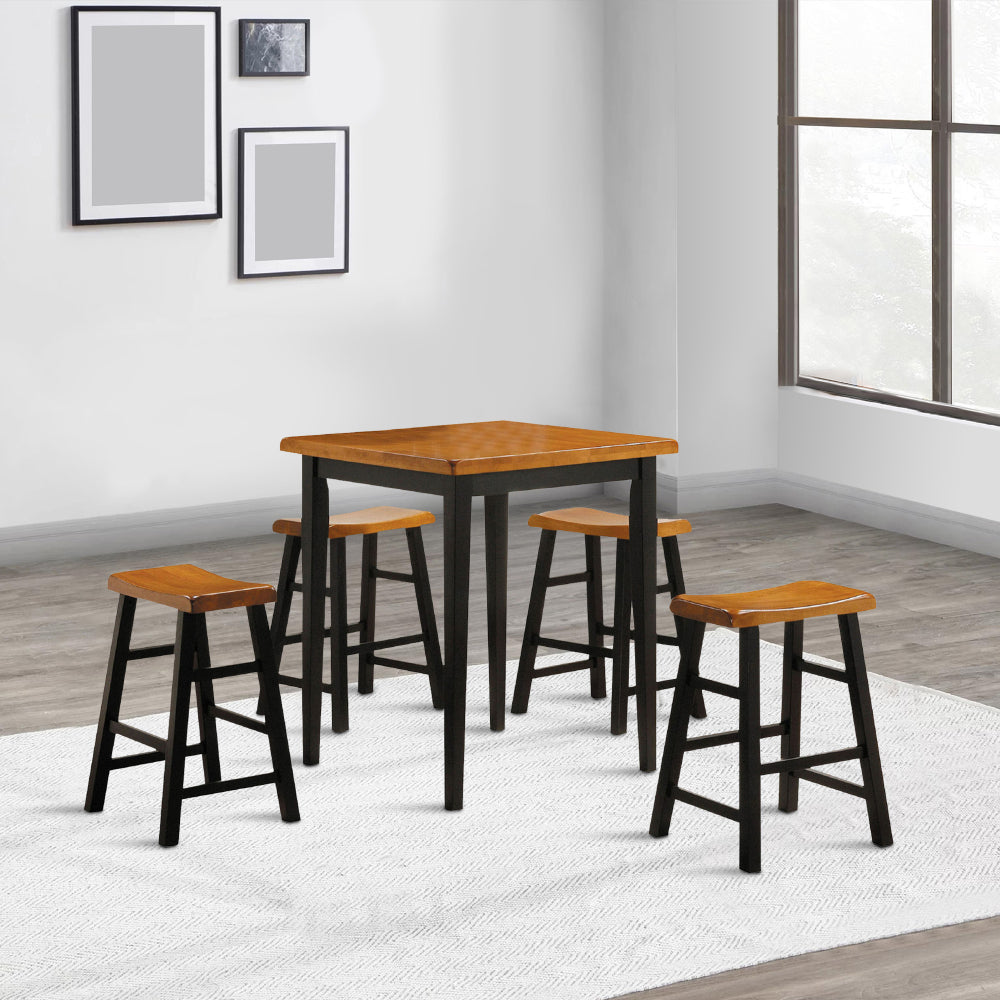 Benjara Gael Counter Height Square Dining Table Set, 4 Stools, Wood, Oak, Black