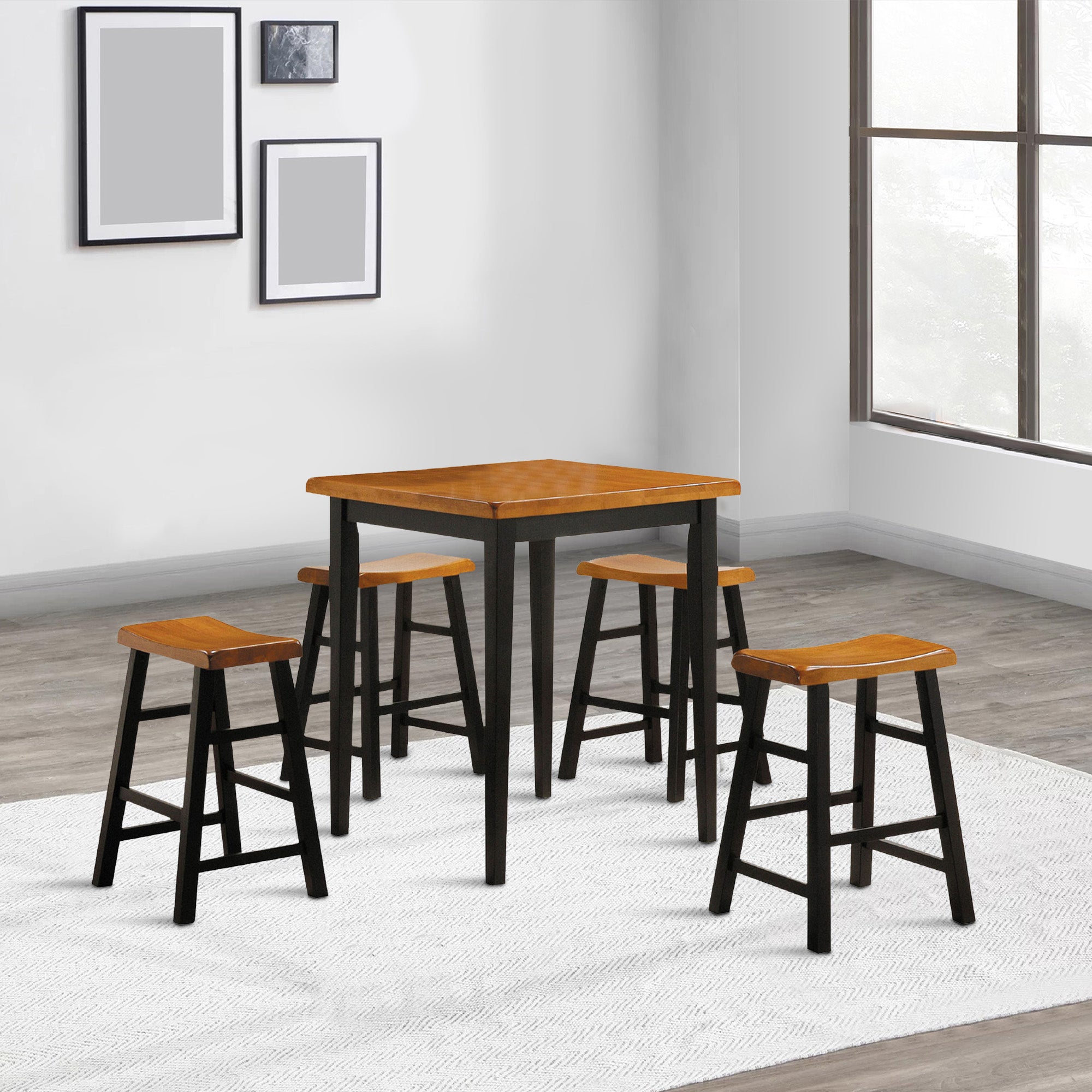 Benjara Gael Counter Height Square Dining Table Set, 4 Stools, Wood, Oak, Black