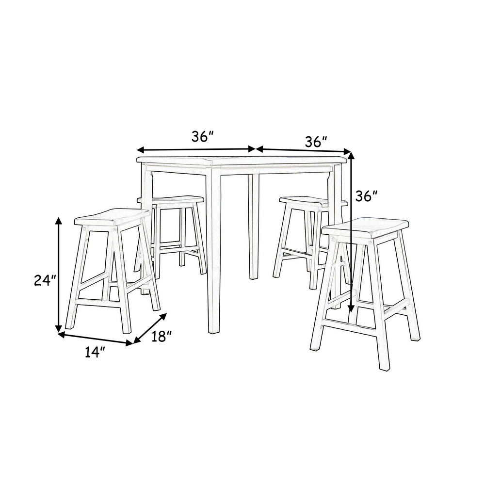 Benjara Gael 36 Inch Counter Height Square Dining Table Set, 4 Stools, Wood, White