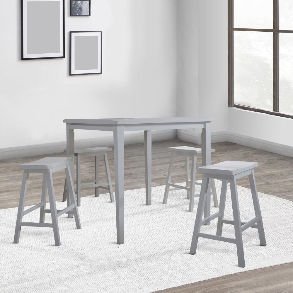 Benjara Gael 36 Inch Counter Height Square Dining Table Set, 4 Stools, Wood, White