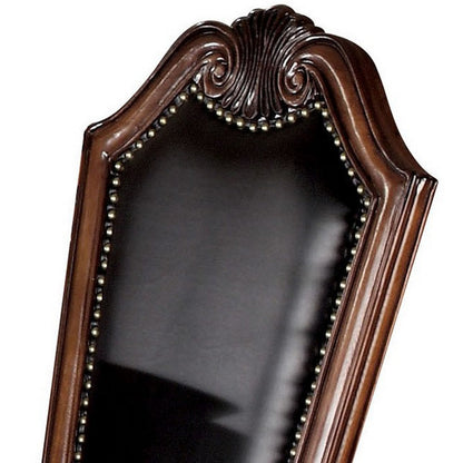 Benjara Loki 28 Inch Dining Armchair, Nailhead Trim, Faux Leather, Set of 2, Brown