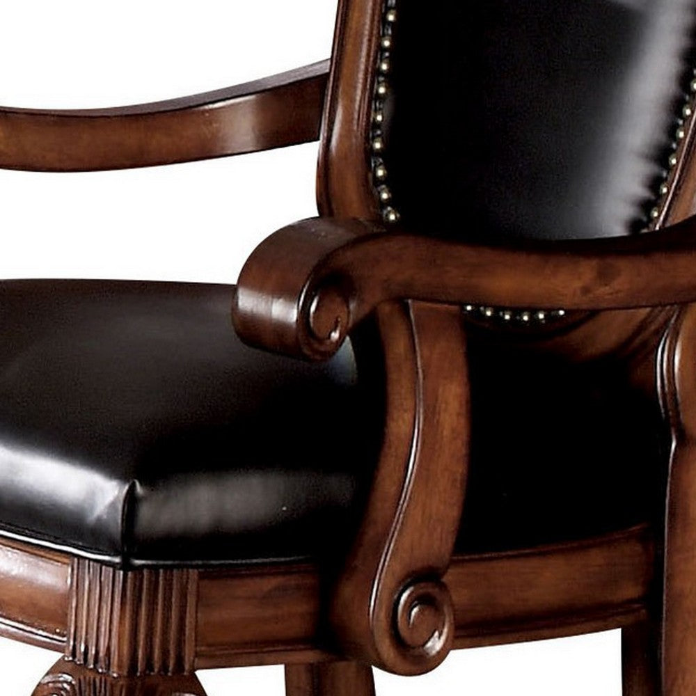 Benjara Loki 28 Inch Dining Armchair, Nailhead Trim, Faux Leather, Set of 2, Brown
