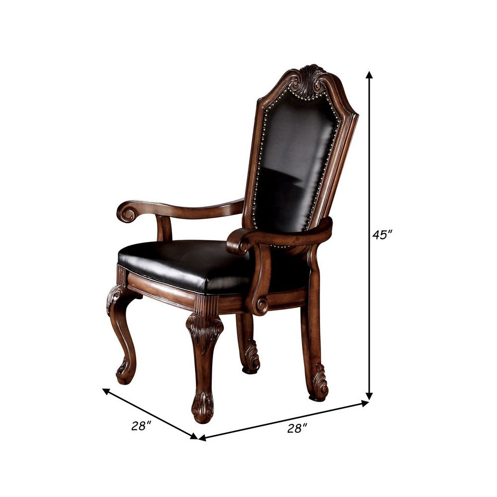 Benjara Loki 28 Inch Dining Armchair, Nailhead Trim, Faux Leather, Set of 2, Brown