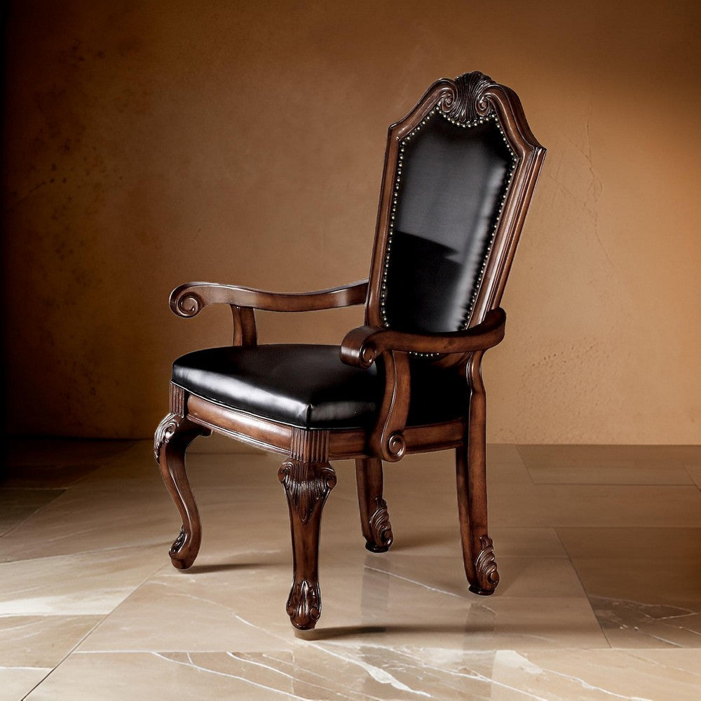 Benjara Loki 28 Inch Dining Armchair, Nailhead Trim, Faux Leather, Set of 2, Brown