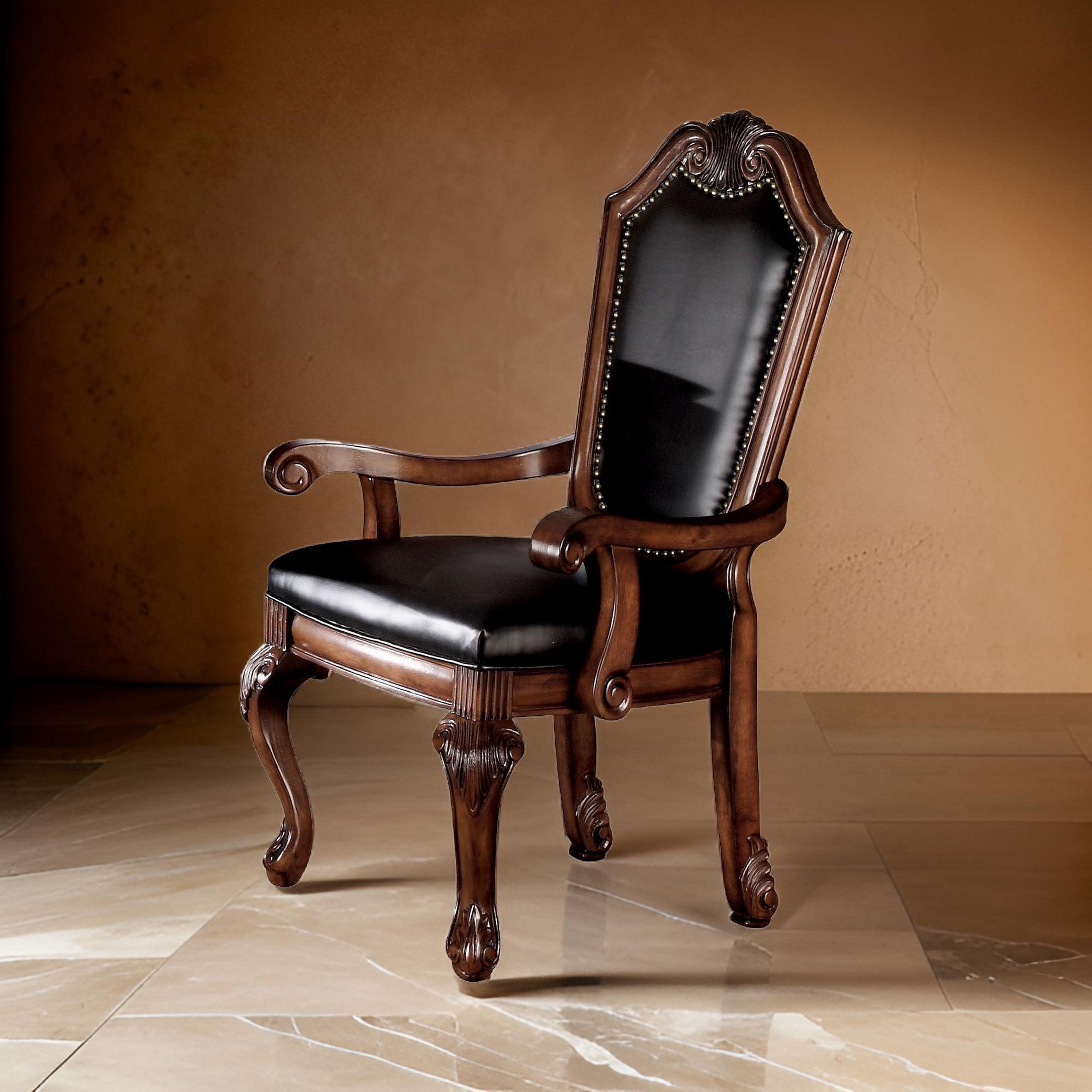 Benjara Loki 28 Inch Dining Armchair, Nailhead Trim, Faux Leather, Set of 2, Brown