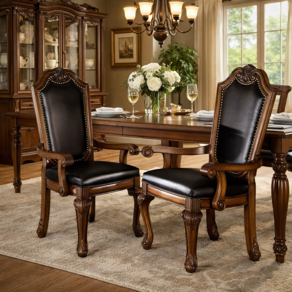Benjara Loki 28 Inch Dining Armchair, Nailhead Trim, Faux Leather, Set of 2, Brown