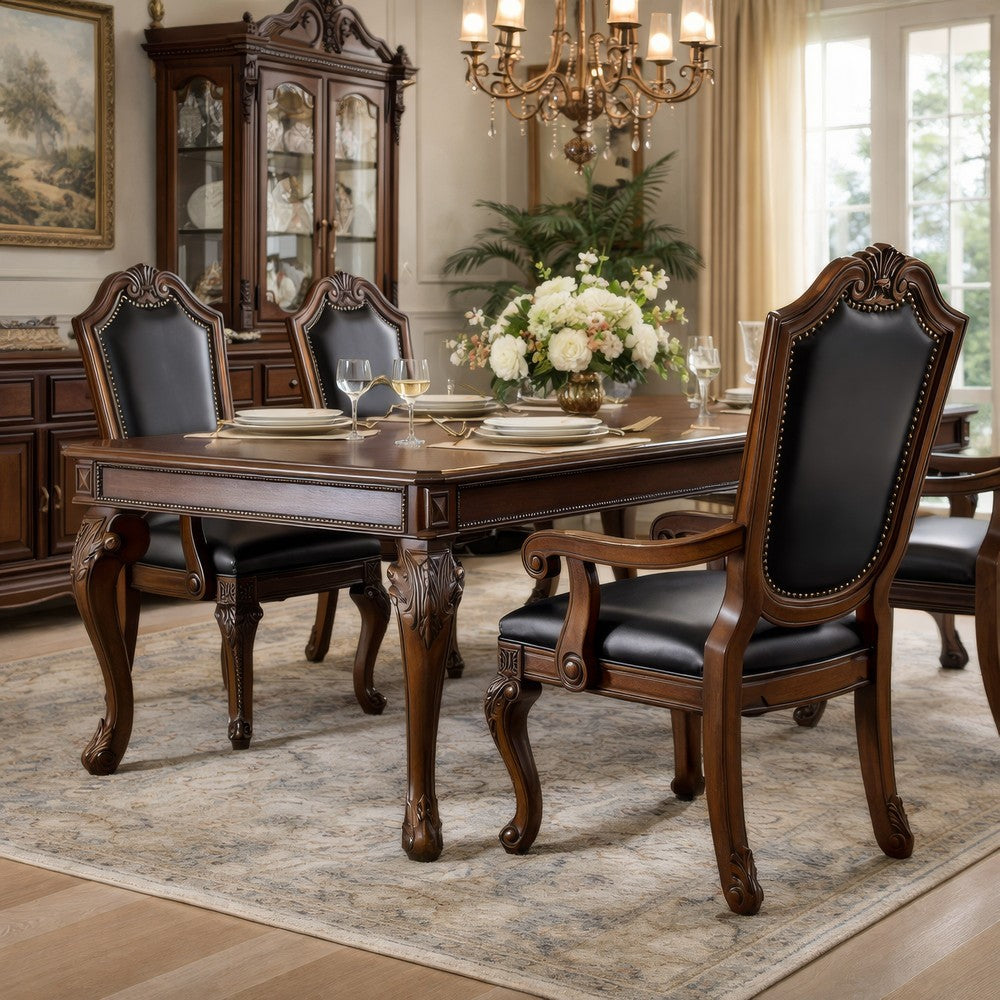 Benjara Loki 28 Inch Dining Armchair, Nailhead Trim, Faux Leather, Set of 2, Brown