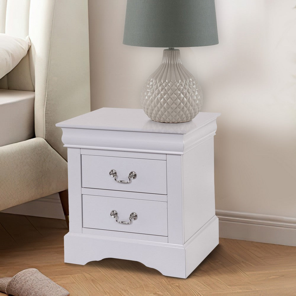 Benjara 24 Inch Modern Classic Nightstand, 2 Drawers, Drop Handles, Wood, White
