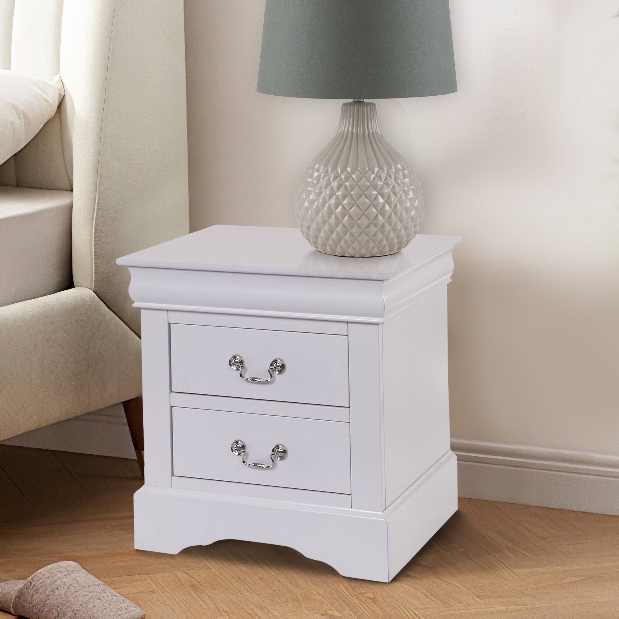 Benjara 24 Inch Modern Classic Nightstand, 2 Drawers, Drop Handles, Wood, White
