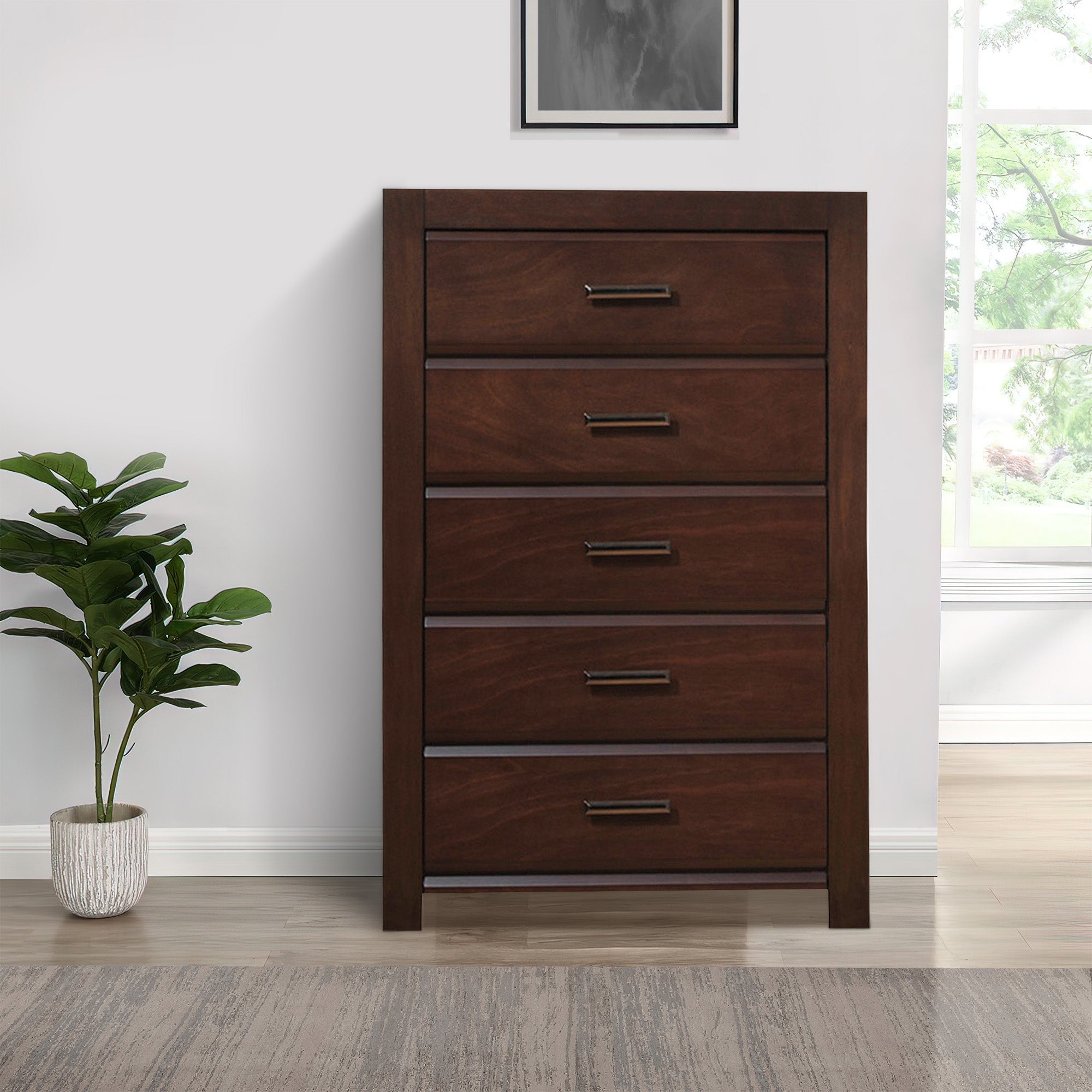 Benjara 48 Inch Modern Tuscany Tall Dresser Chest, 5 Drawers, Metal Handles, Brown