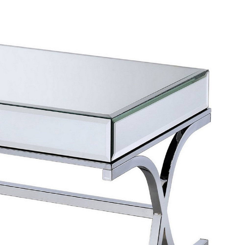 Benjara 42 Inch Rectangular Coffee Table, Mirrored, X Shaped Metal Legs, Silver