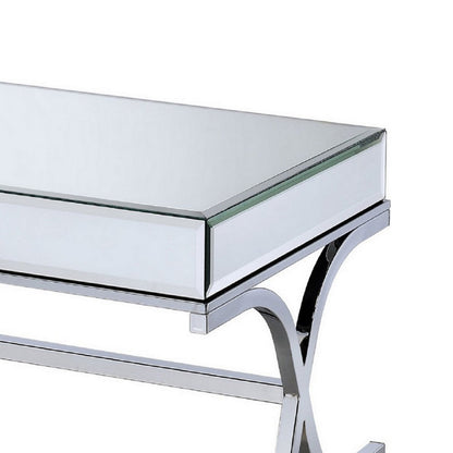 Benjara 42 Inch Rectangular Coffee Table, Mirrored, X Shaped Metal Legs, Silver