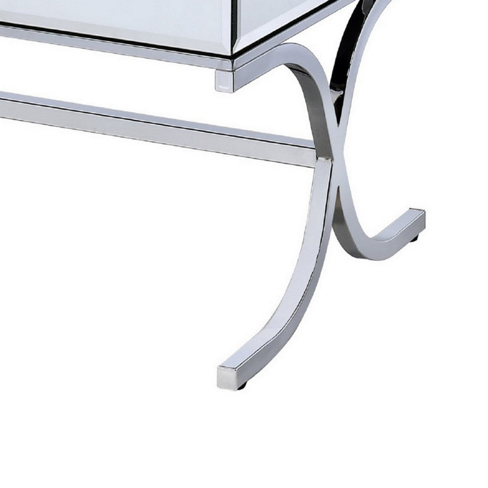 Benjara 42 Inch Rectangular Coffee Table, Mirrored, X Shaped Metal Legs, Silver