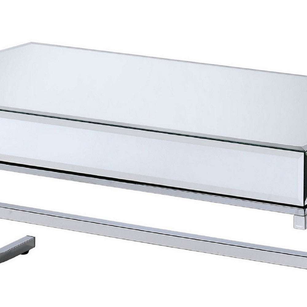 Benjara 42 Inch Rectangular Coffee Table, Mirrored, X Shaped Metal Legs, Silver