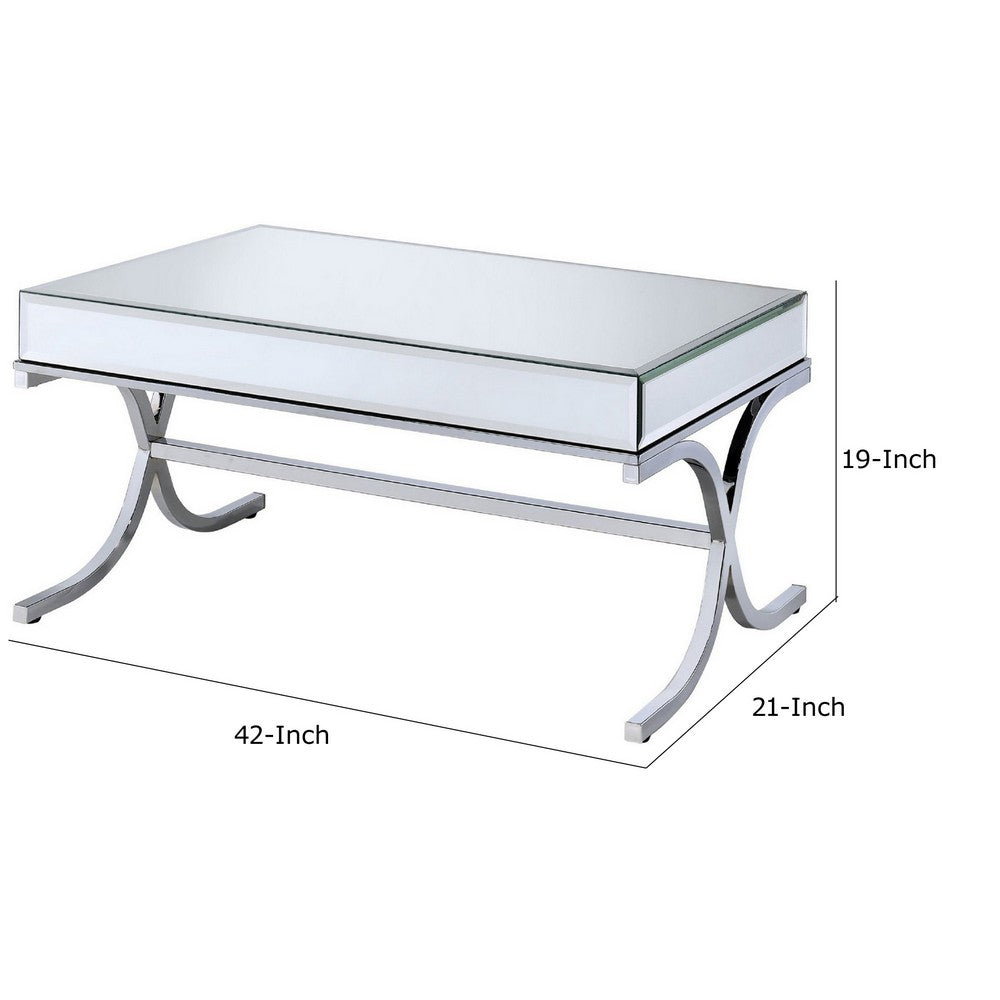 Benjara 42 Inch Rectangular Coffee Table, Mirrored, X Shaped Metal Legs, Silver