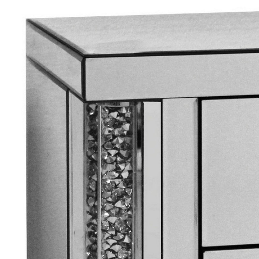 Benjara Noe 26 Inch 3 Drawer Accent Table Nightstand, Mirrored, Faux Diamond Inlay, Silver