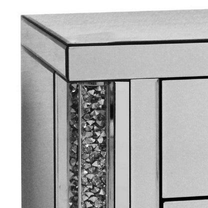 Benjara Noe 26 Inch 3 Drawer Accent Table Nightstand, Mirrored, Faux Diamond Inlay, Silver