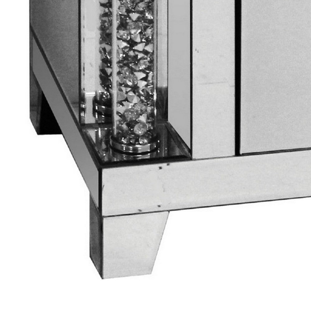Benjara Noe 26 Inch 3 Drawer Accent Table Nightstand, Mirrored, Faux Diamond Inlay, Silver