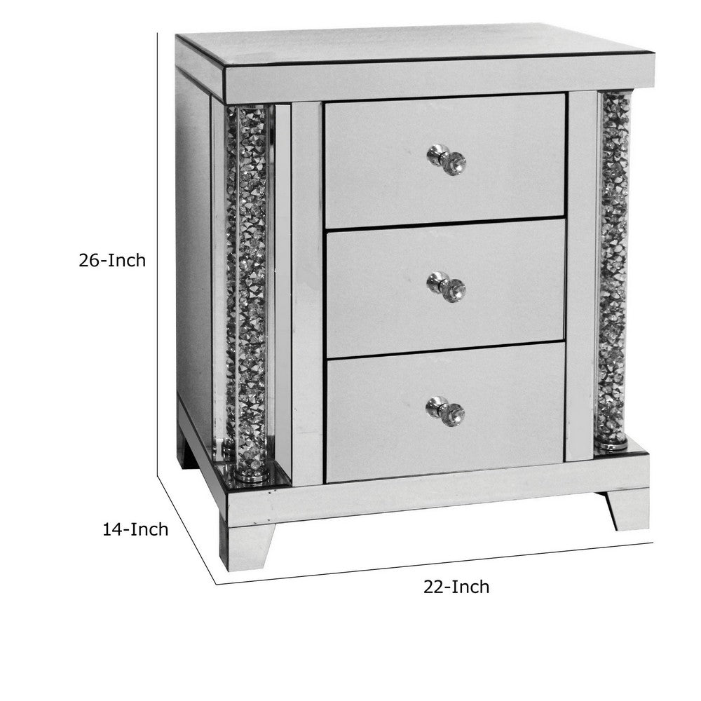 Benjara Noe 26 Inch 3 Drawer Accent Table Nightstand, Mirrored, Faux Diamond Inlay, Silver