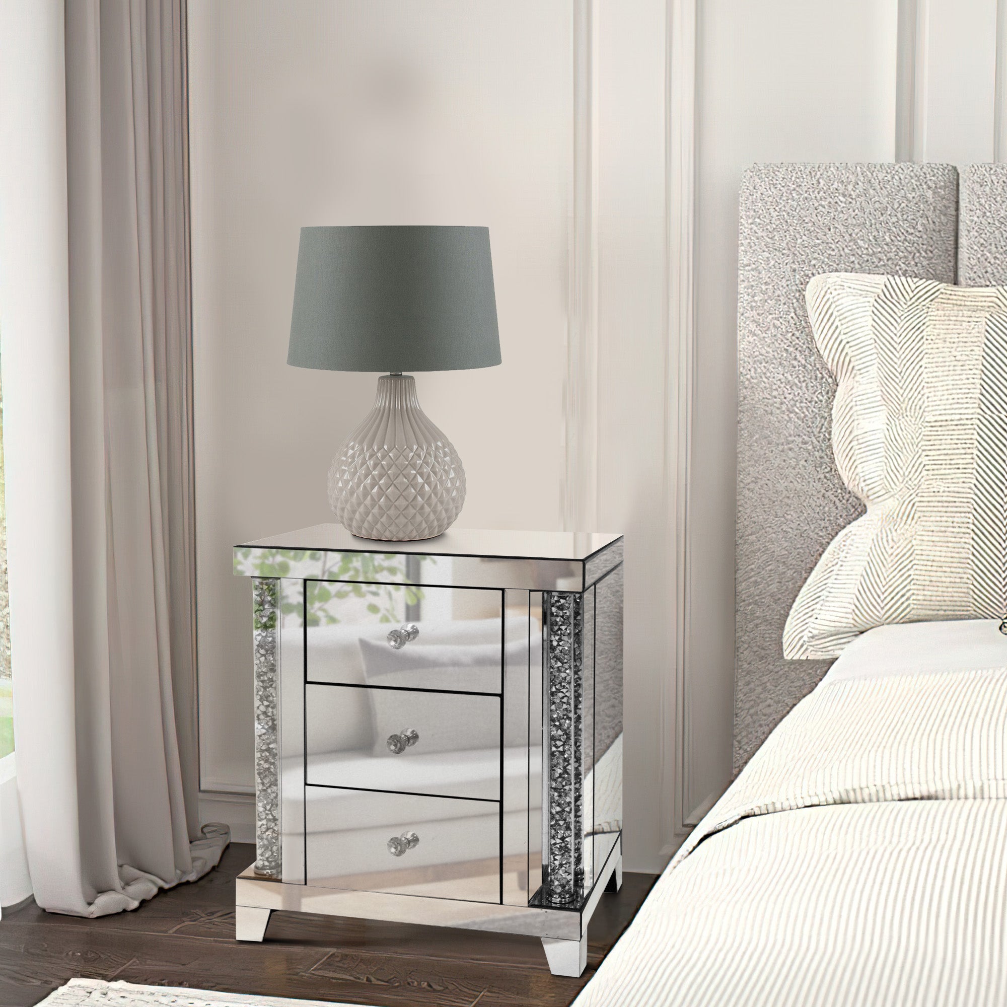 Benjara Noe 26 Inch 3 Drawer Accent Table Nightstand, Mirrored, Faux Diamond Inlay, Silver