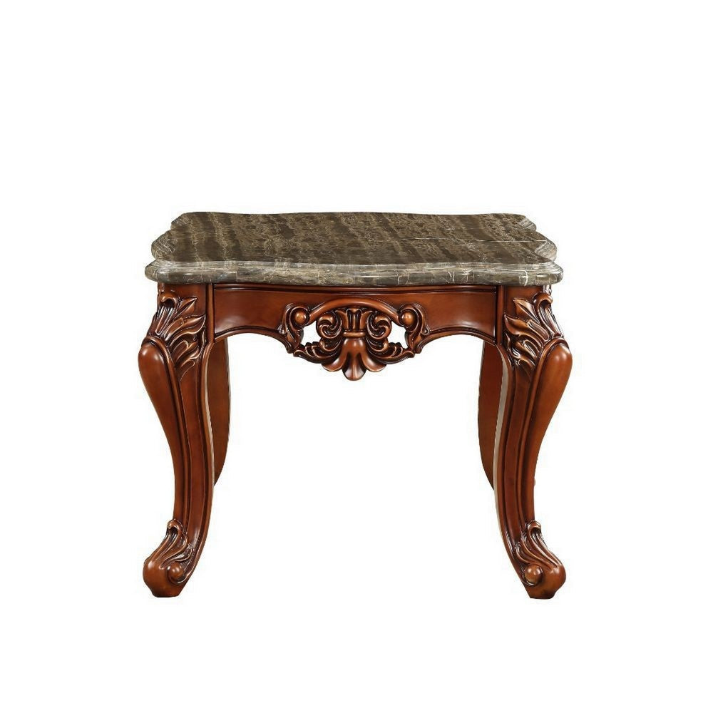 Benjara 30 Inch Classic Square Marble Top End Table, Cabriole Legs, Gray, Brown