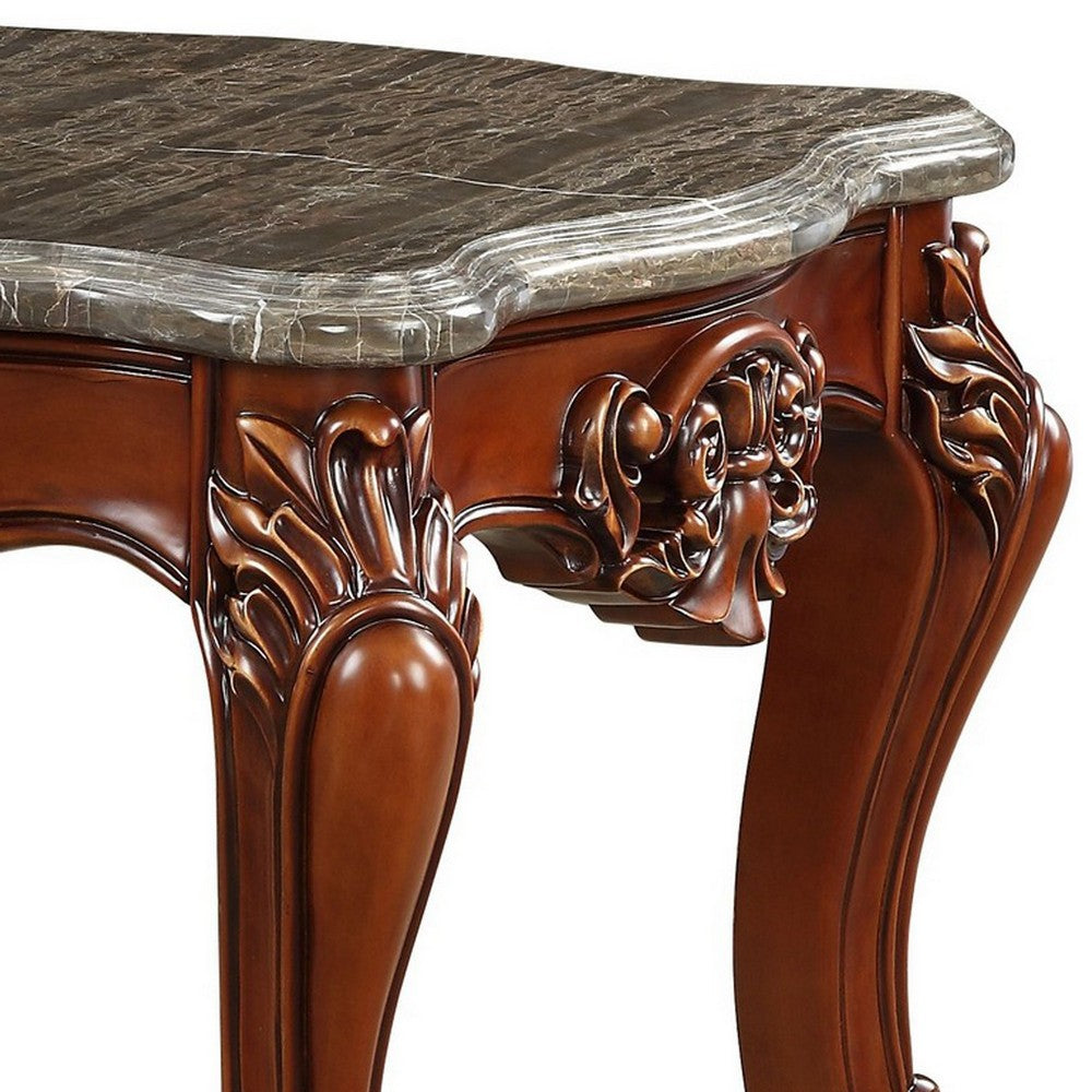 Benjara 30 Inch Classic Square Marble Top End Table, Cabriole Legs, Gray, Brown