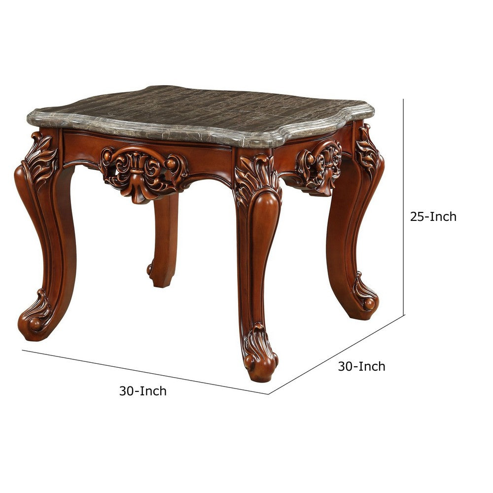 Benjara 30 Inch Classic Square Marble Top End Table, Cabriole Legs, Gray, Brown