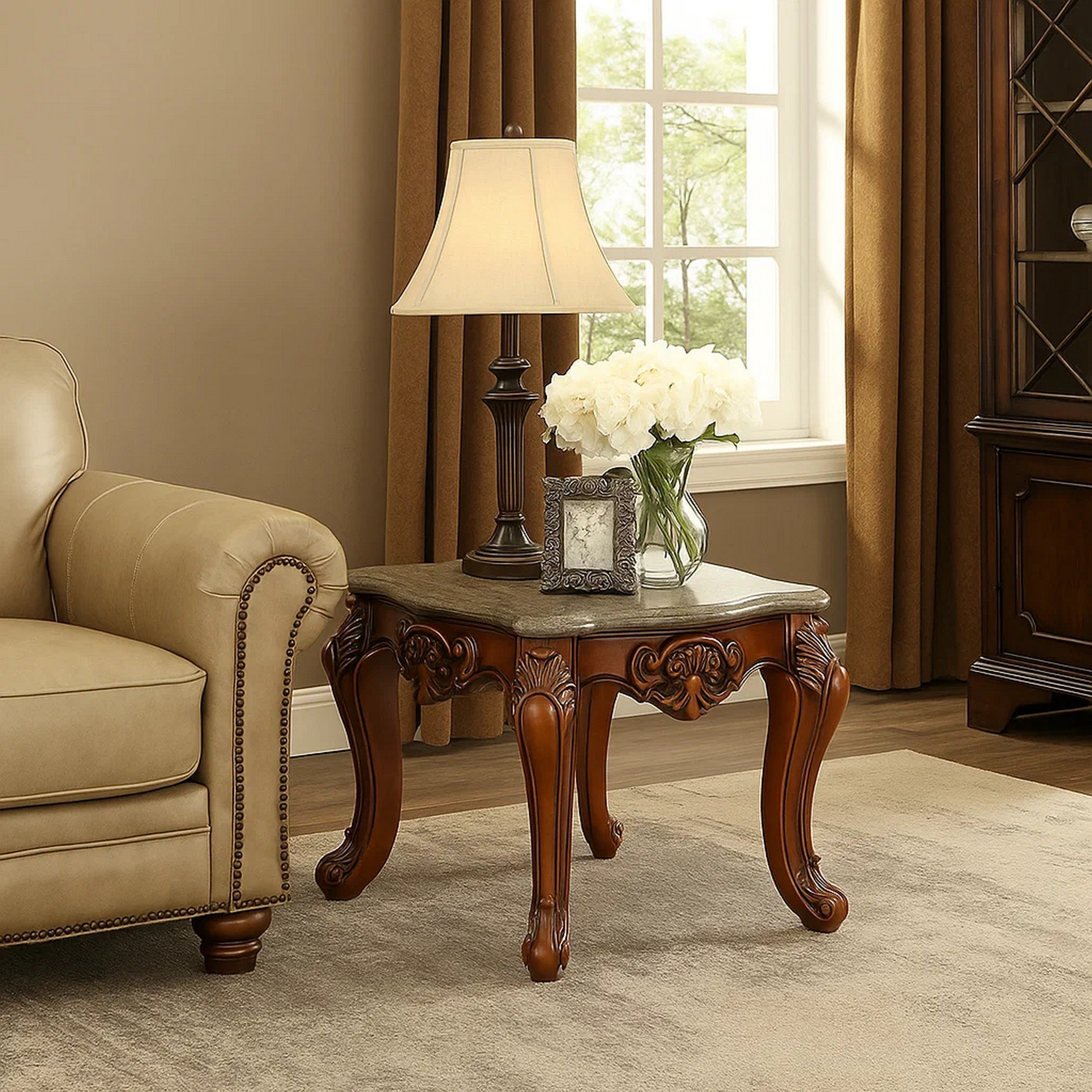 Benjara 30 Inch Classic Square Marble Top End Table, Cabriole Legs, Gray, Brown