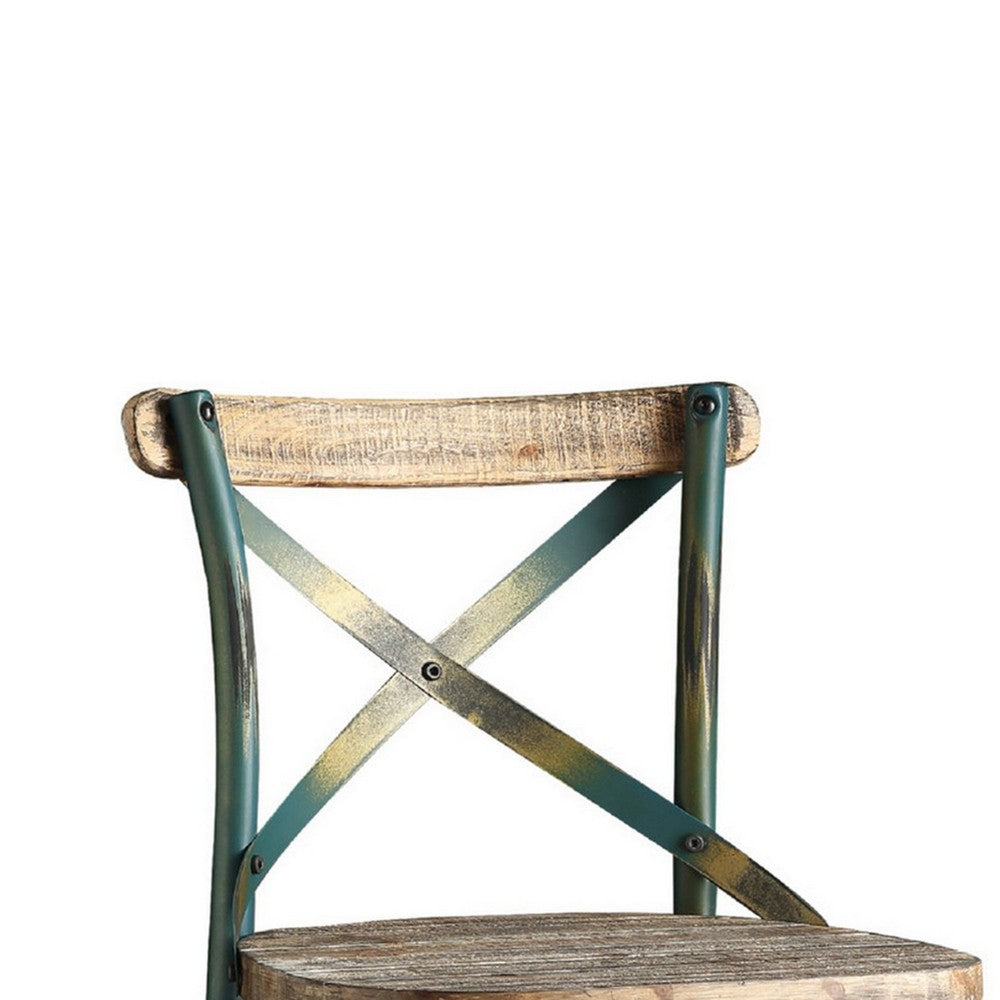 Benjara Chad 29 Inch Modern Bar Height Chair, Footrest, X Backrest, Green, Oak Wood